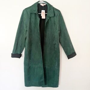 NWT Philosophy Faux Leather Suede Open Front Hunter Green Duster Coat Medium
